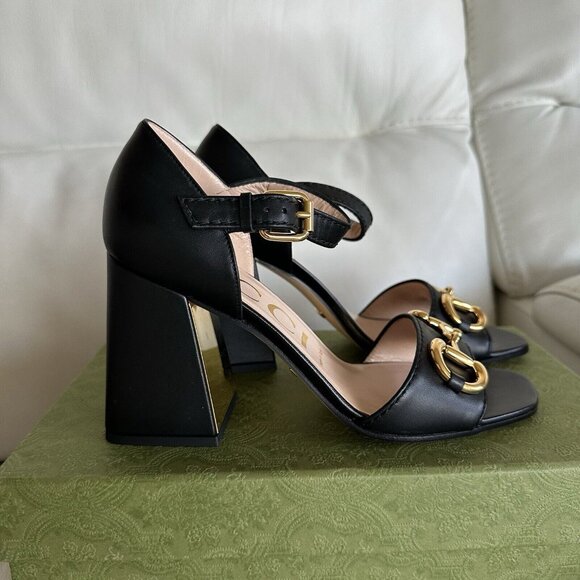 NEW GUCCI JUMBO HEELS HORSEBIT BLACK LEATHER GOLD SZ 38.5 Sandals Shoes - Picture 9 of 13